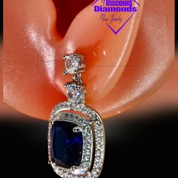 Blue Halo 5.80 Ct. Sapphire & White Baguette Diamond Earrings on 925 Silver - Picture 4 of 4